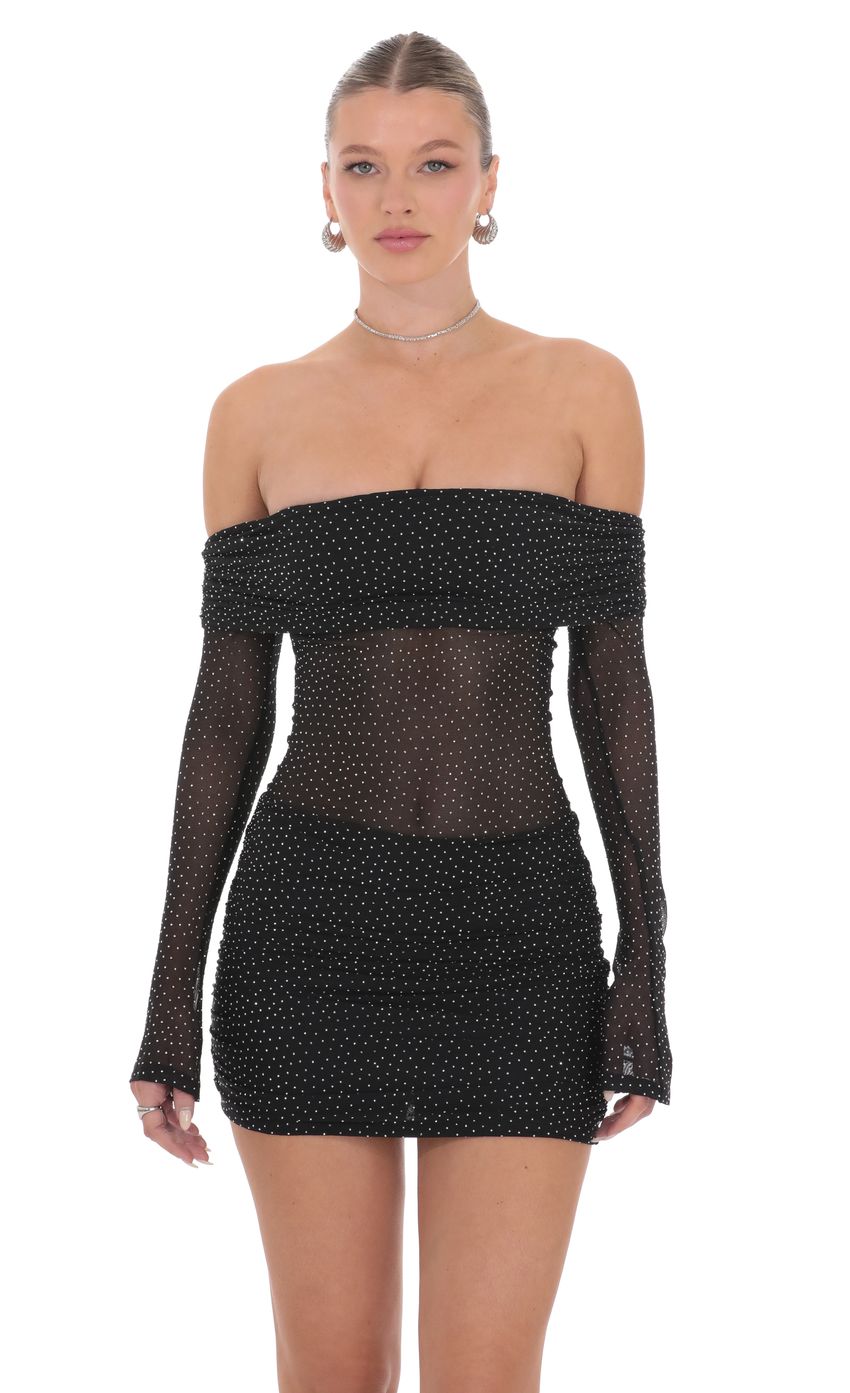 Rhinestone Mesh Off Shoulder Dress in Black - luluinthesky