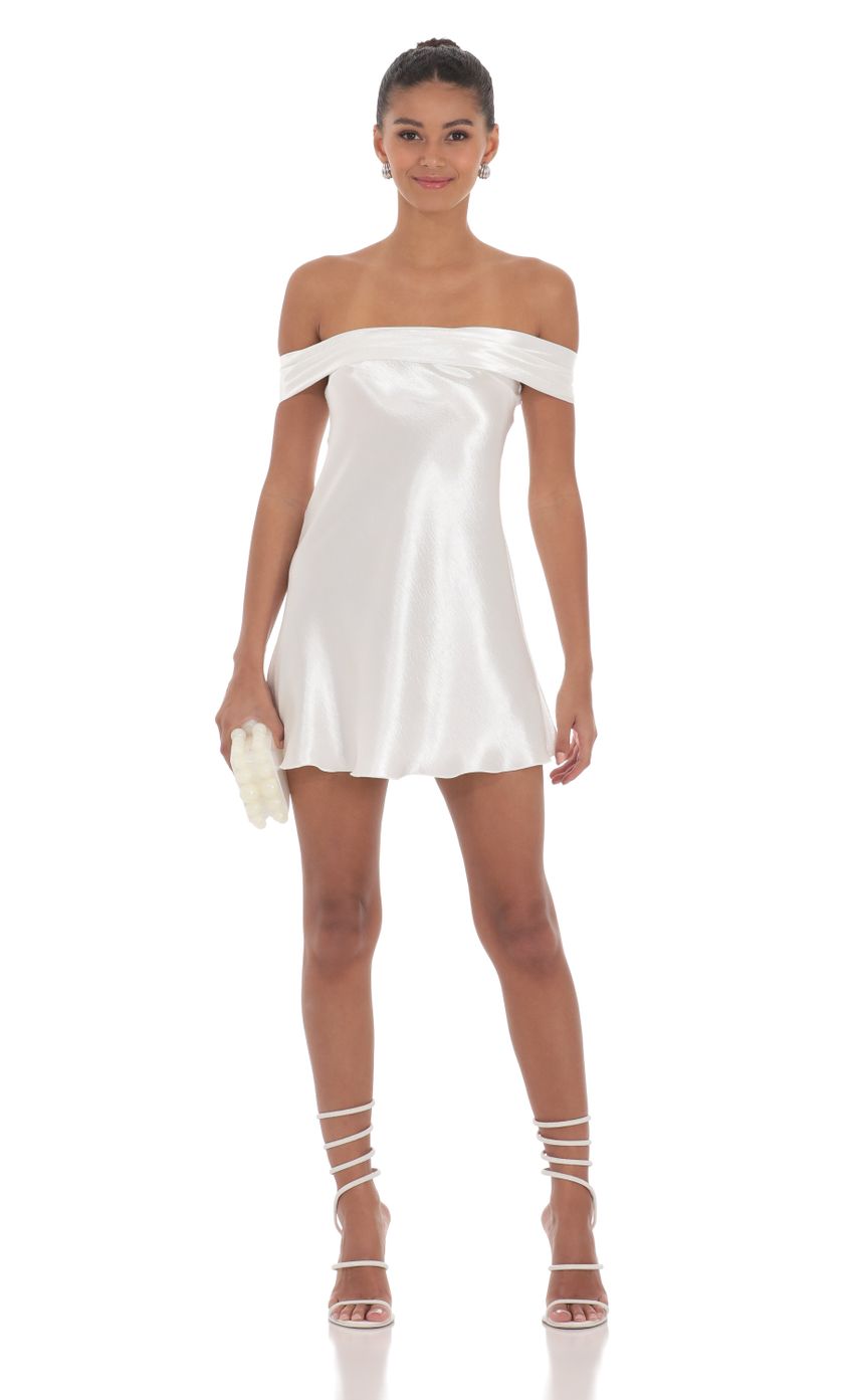 Satin Off Shoulder Dress in White - luluinthesky