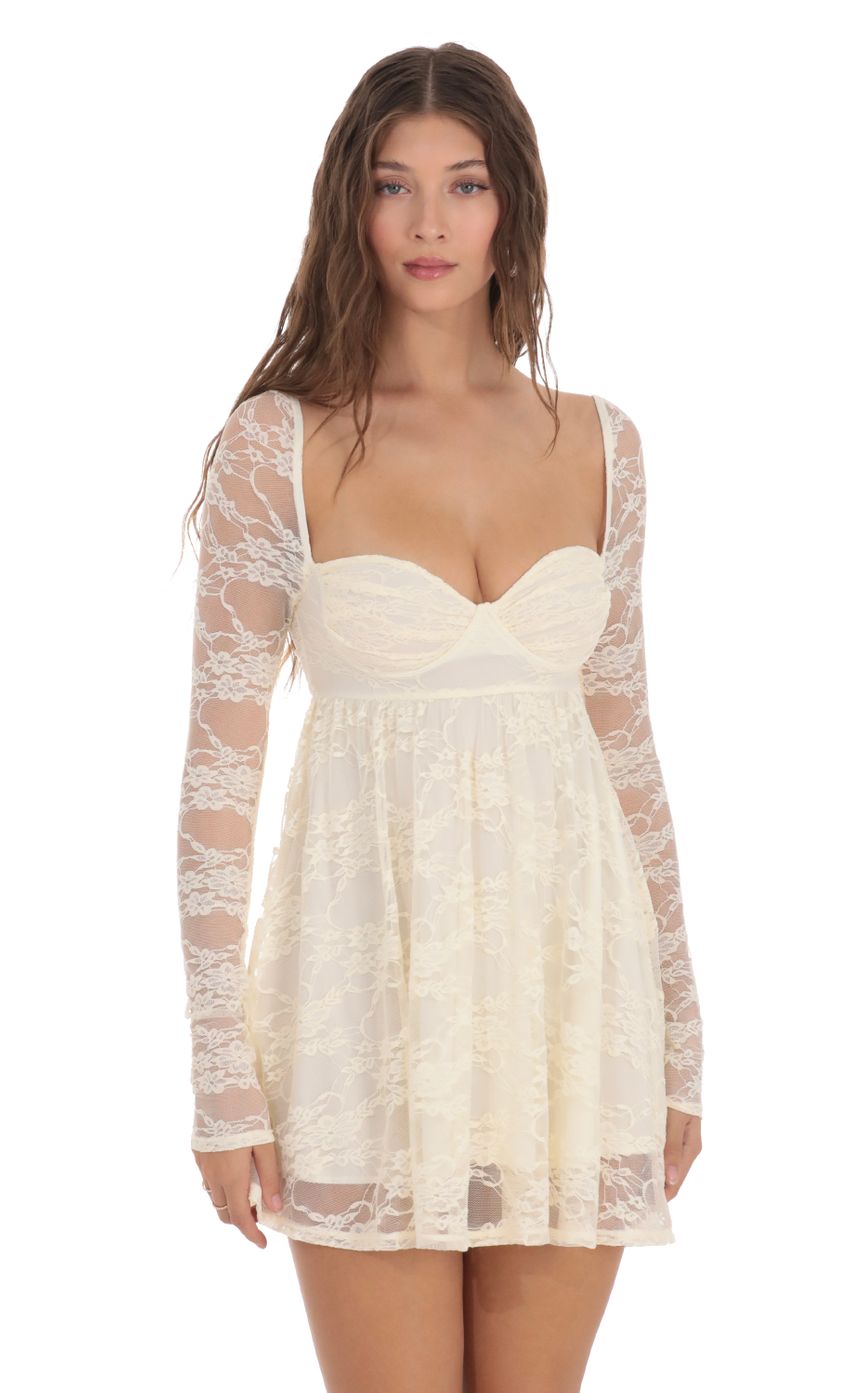 Long Sleeve Lace Babydoll Dress in Cream - luluinthesky
