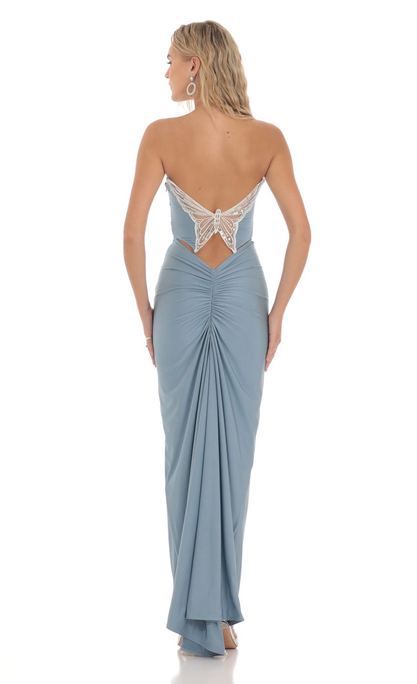 Strapless Corset Sequin Butterfly Maxi Dress in Blue - luluinthesky