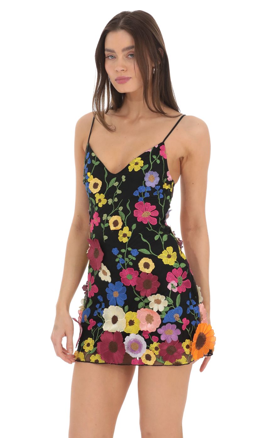 3-D Flower V-Neck Dress in Black - luluinthesky