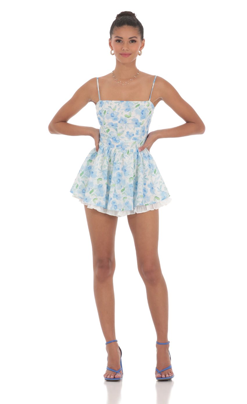 Blue Floral Ruffle Romper in White - luluinthesky