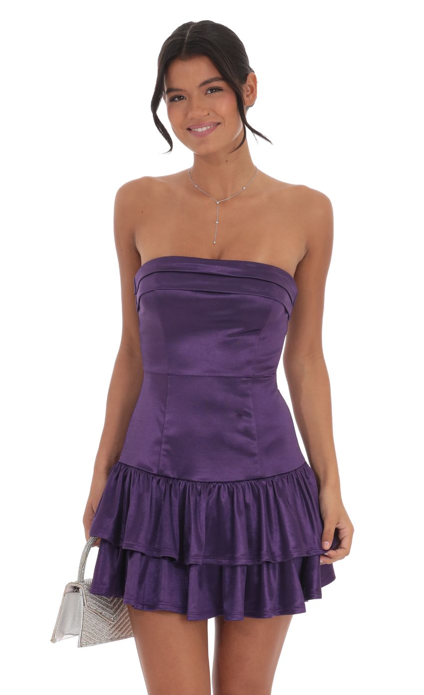 Satin Strapless Ruffle Dress in Purple - luluinthesky