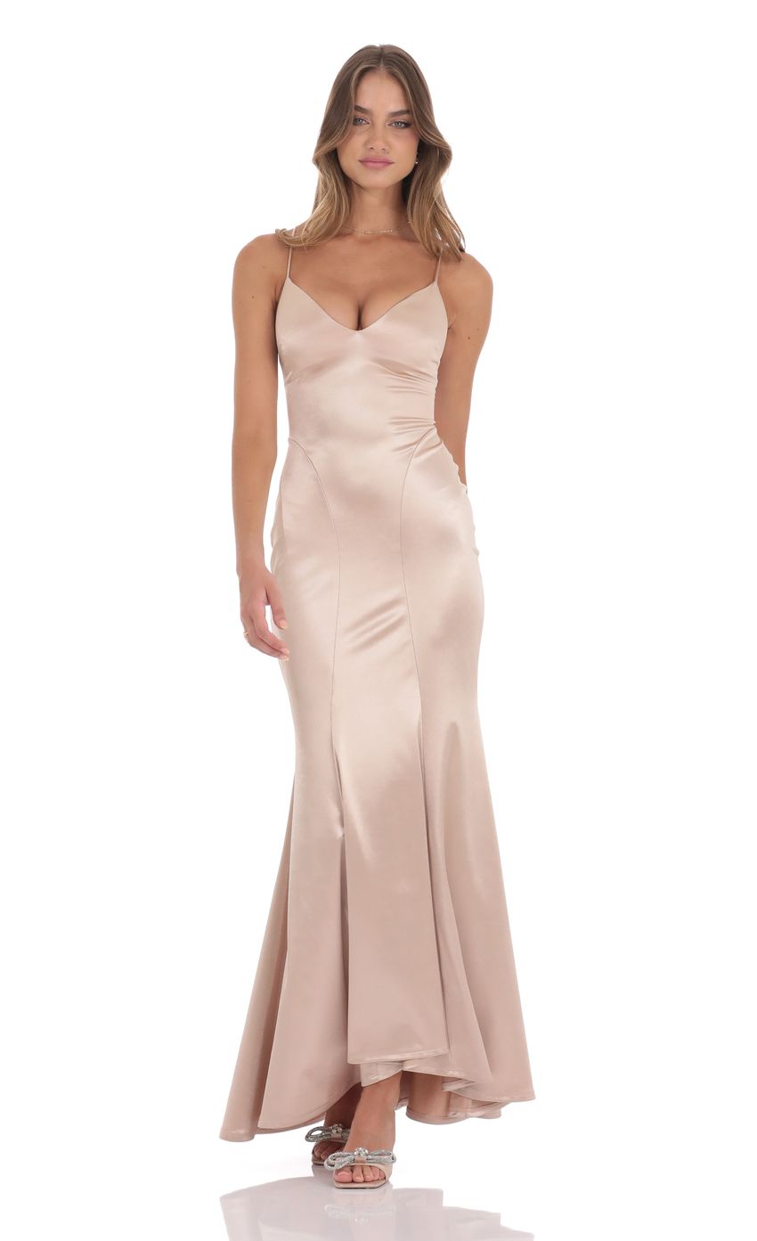 Satin Open Back Mermaid Maxi Dress in Champagne - luluinthesky