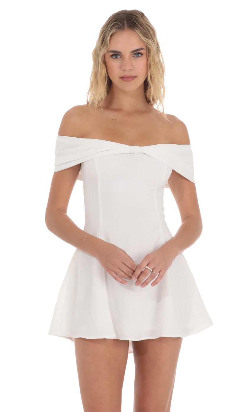 Front Bow Off Shoulder Dress in White - luluinthesky