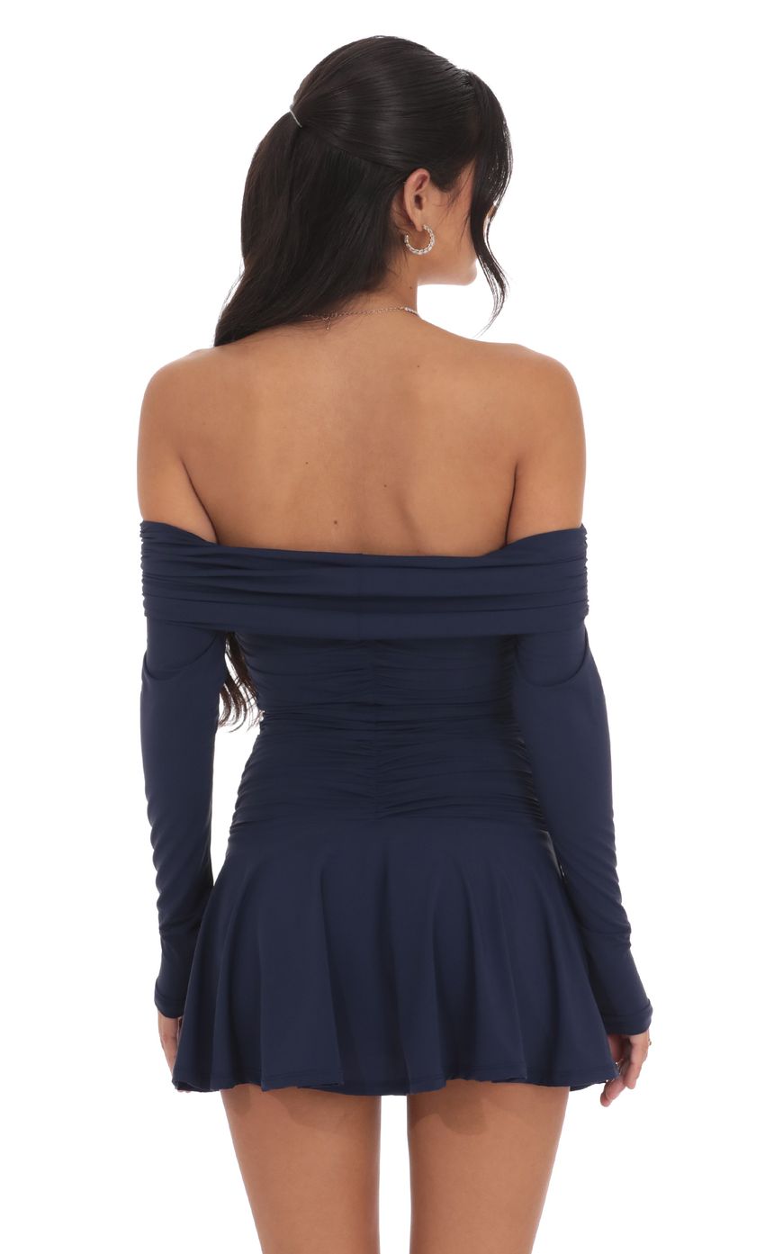 Off Shoulder Ruched Flare Dress in Navy - luluinthesky