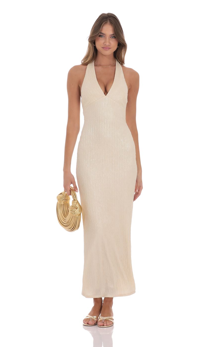 Crinkle Shimmer V-Neck Maxi Dress in Champagne - luluinthesky