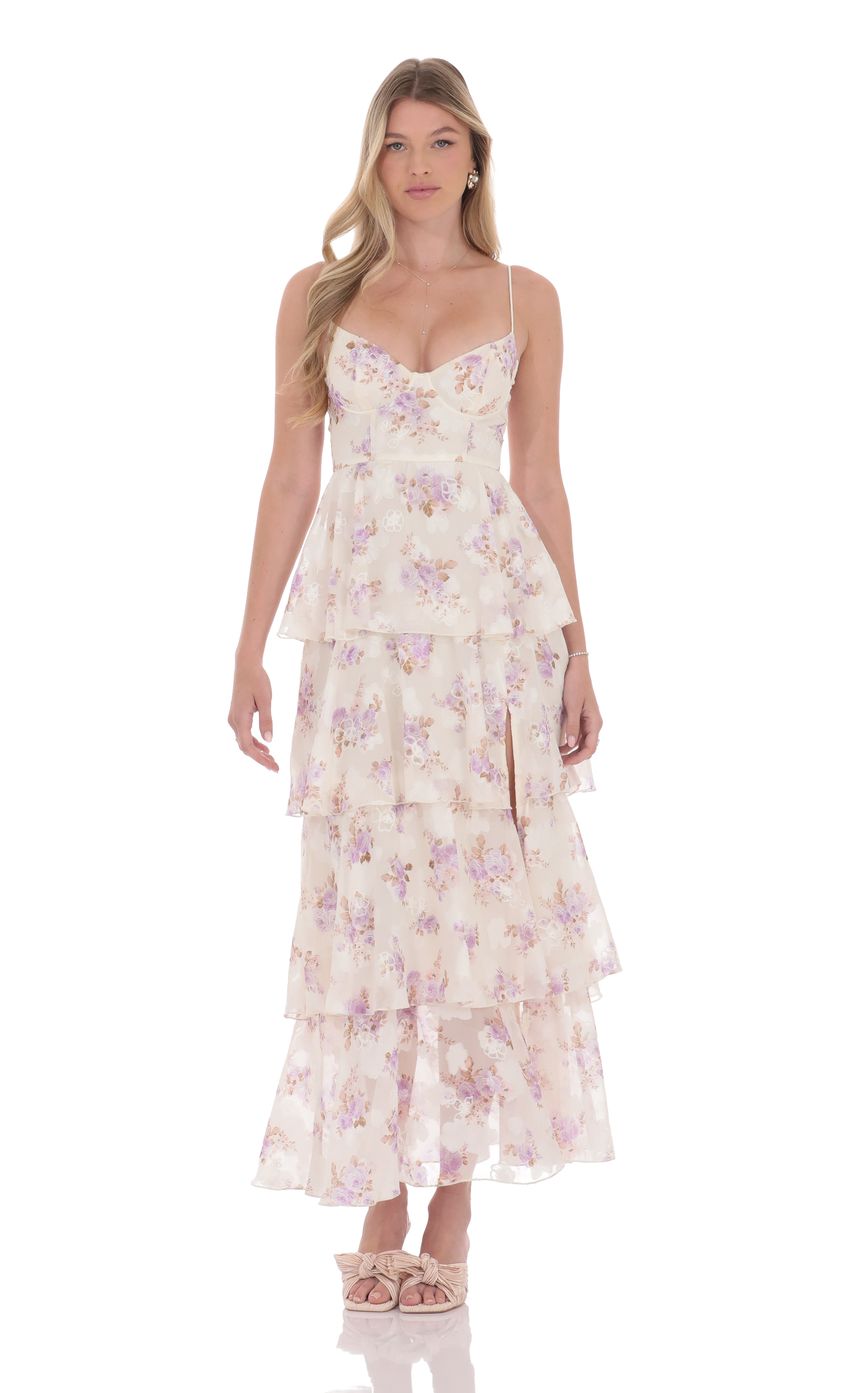 Floral Ruffle A-line Maxi Dress in Cream - luluinthesky