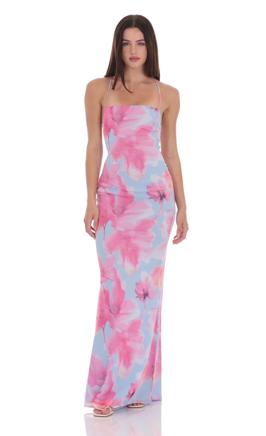 Floral Open Back Maxi Dress in Blue and Pink - luluinthesky