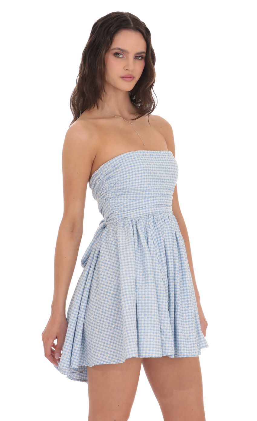 Floral Strapless A-line Dress in Gingham Blue - luluinthesky