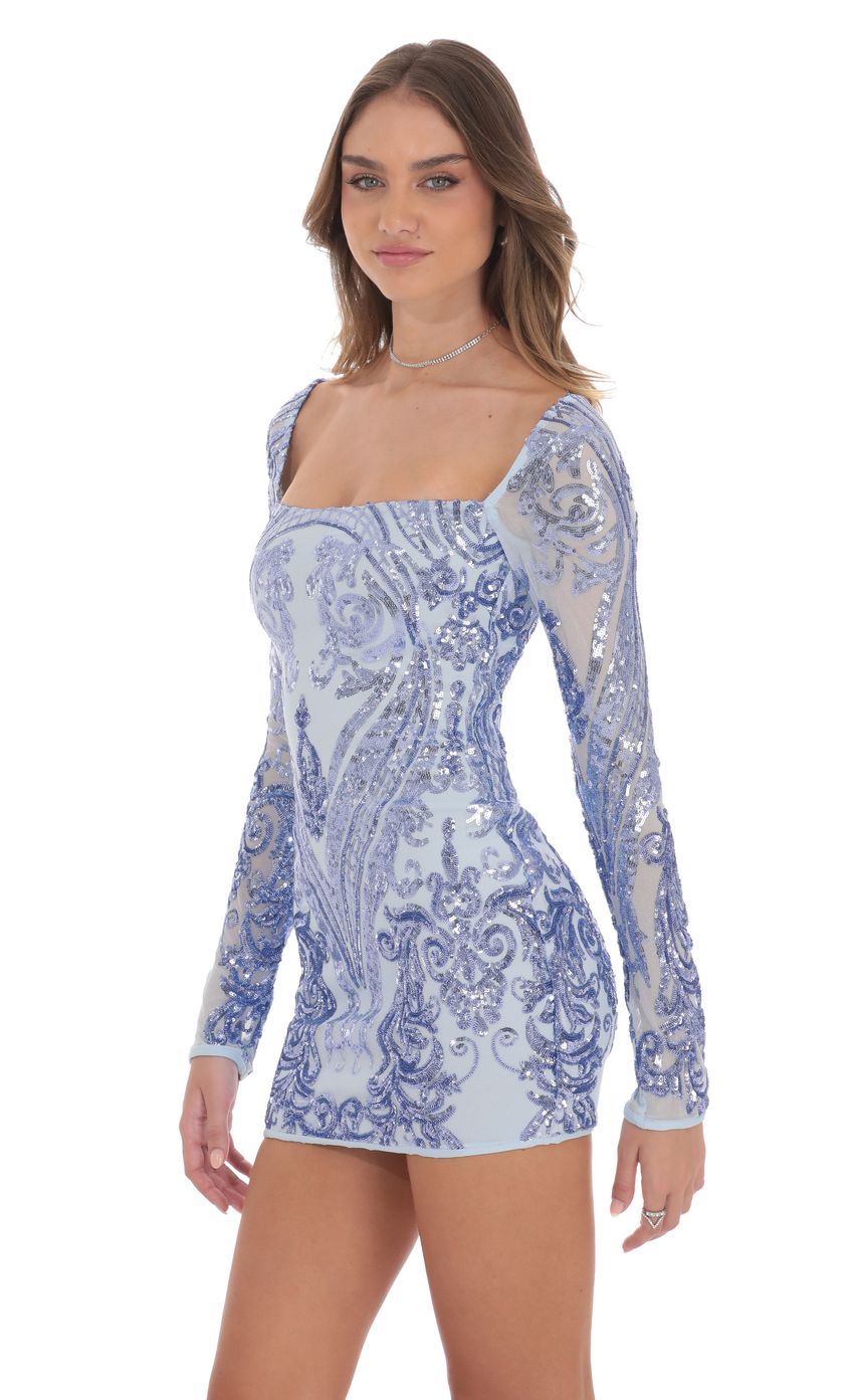Sequin Pattern Long Sleeve Dress in Blue - luluinthesky