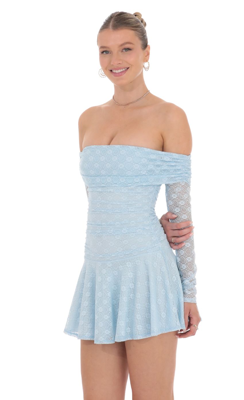 Lace Off Shoulder Flare Dress in Light Blue - luluinthesky