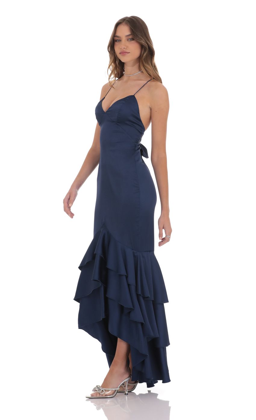 Satin Ruffle Fishtail Maxi Dress in Navy - luluinthesky