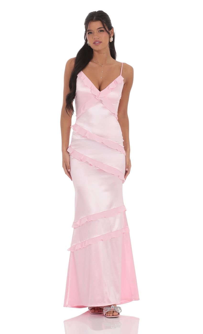 Satin V-Neck Ruffle Mermaid Maxi Dress in Pink - luluinthesky