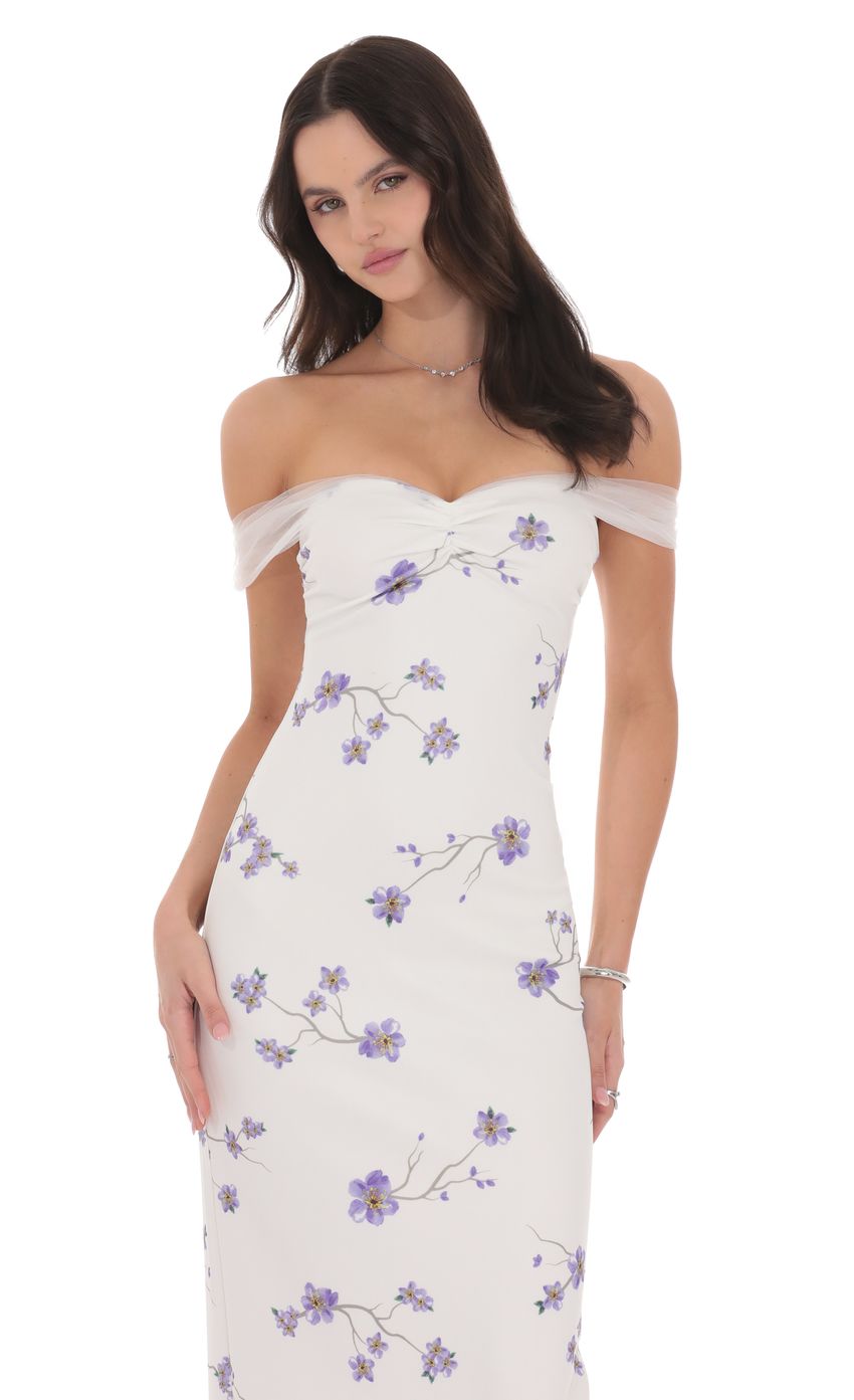 Tulle Off Shoulder Floral Maxi Dress in White - luluinthesky