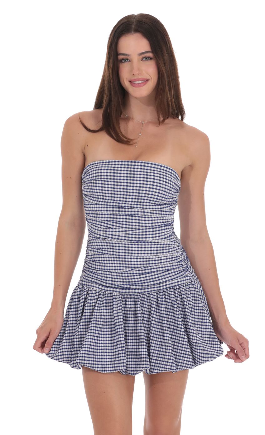 Gingham Strapless Bubble Dress in White and Blue - luluinthesky