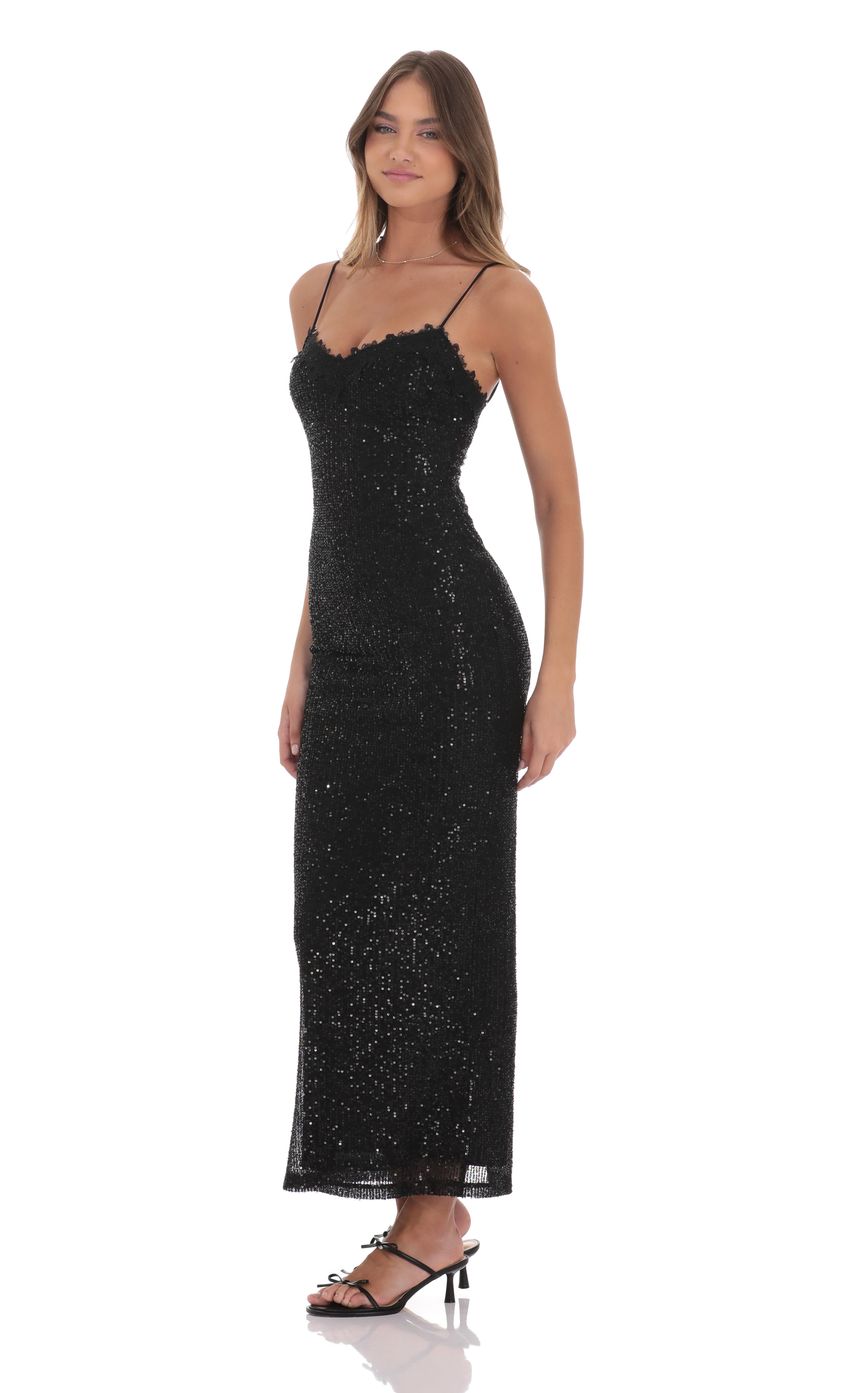 Lace Trim Sequin Maxi Dress in Black - luluinthesky