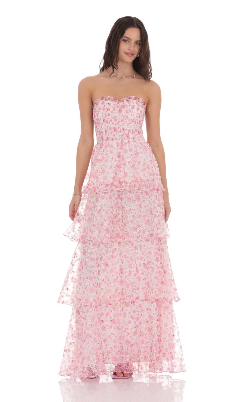 Smocked Floral Ruffle Maxi Dress in Pink - luluinthesky