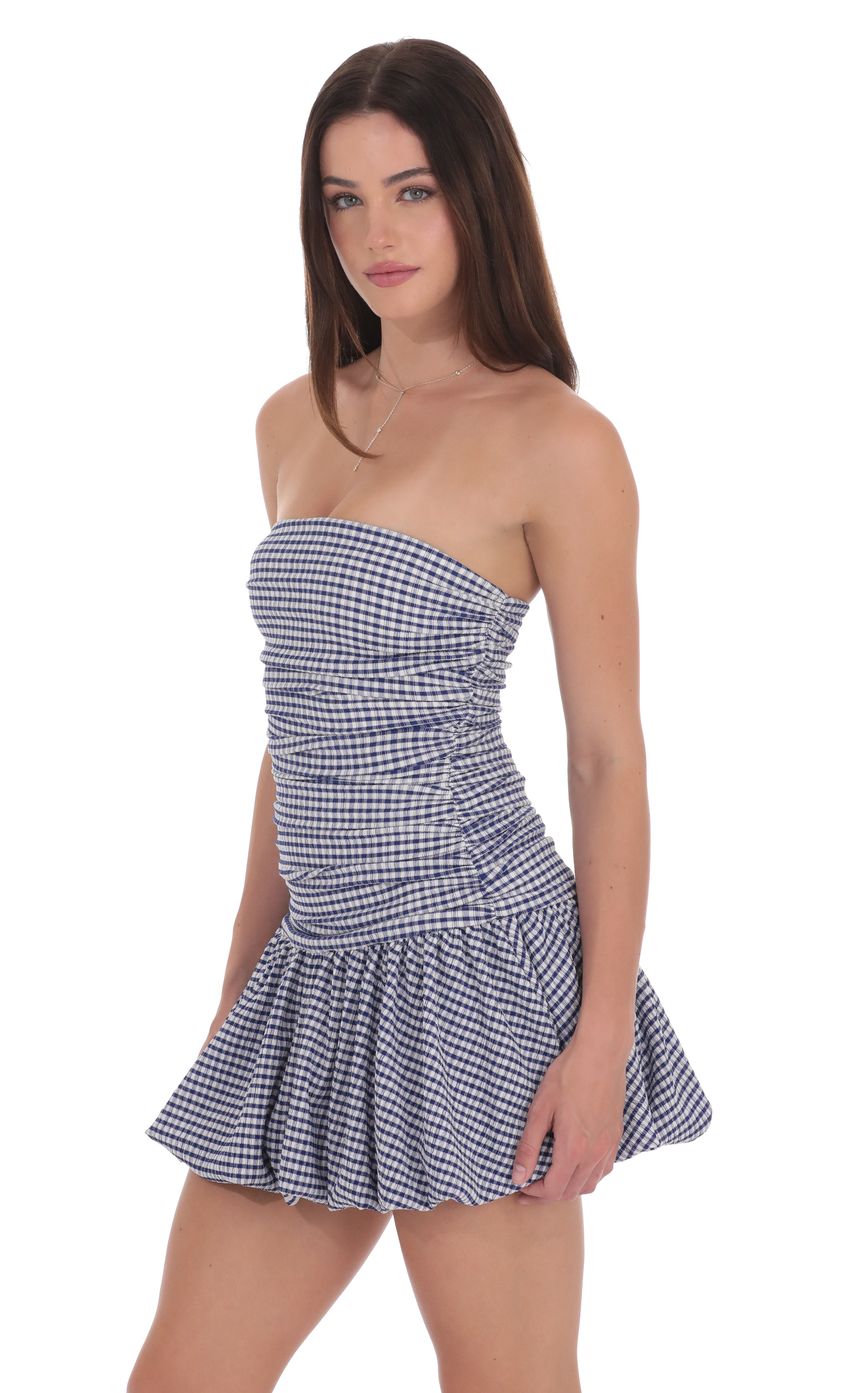 Gingham Strapless Bubble Dress in White and Blue - luluinthesky