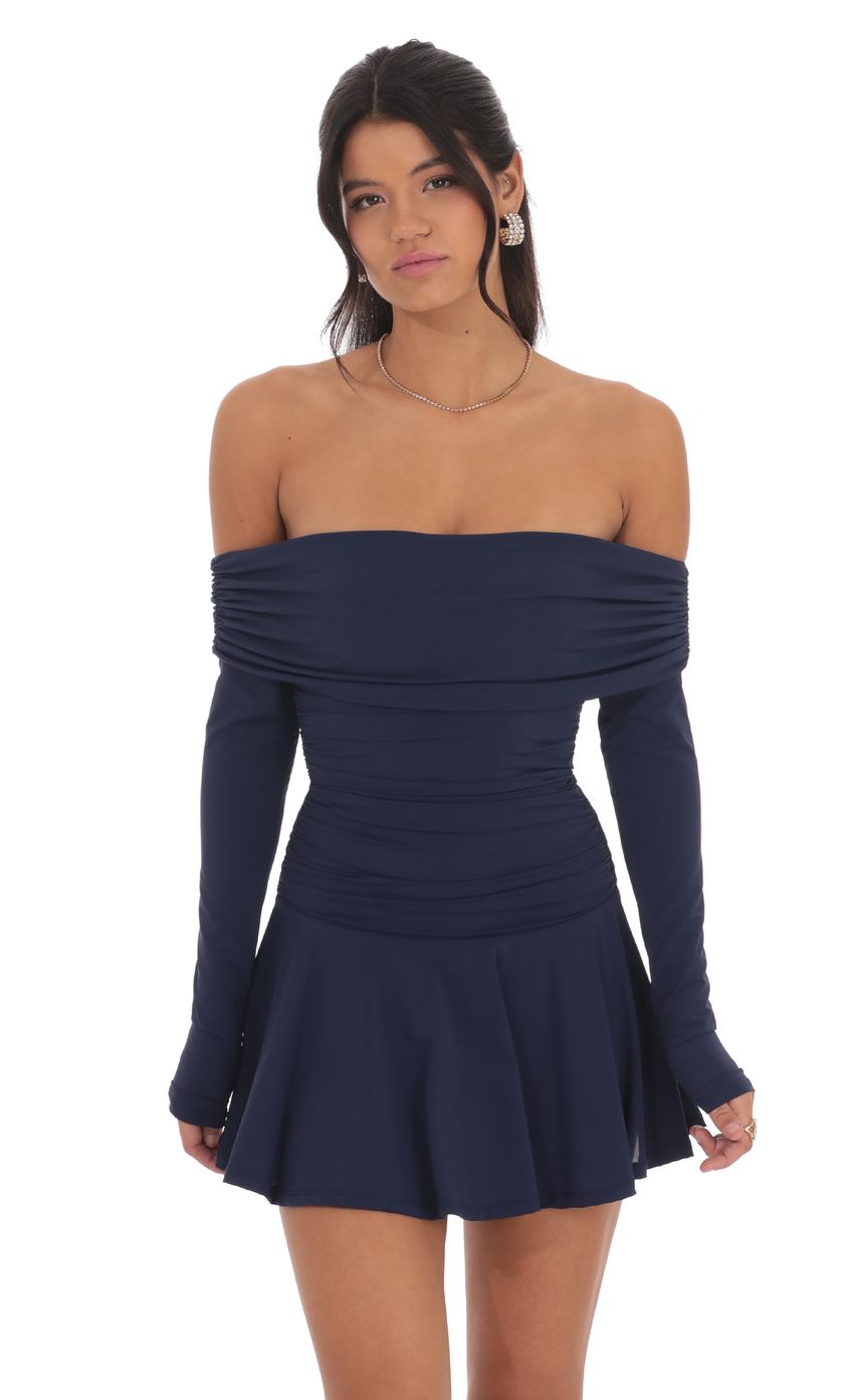 Off Shoulder Ruched Flare Dress in Navy - luluinthesky