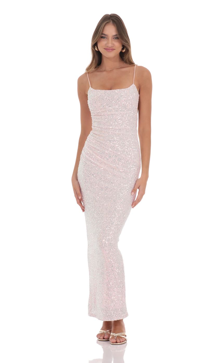 Iridescent Sequin Bodycon Maxi Dress in Pink - luluinthesky
