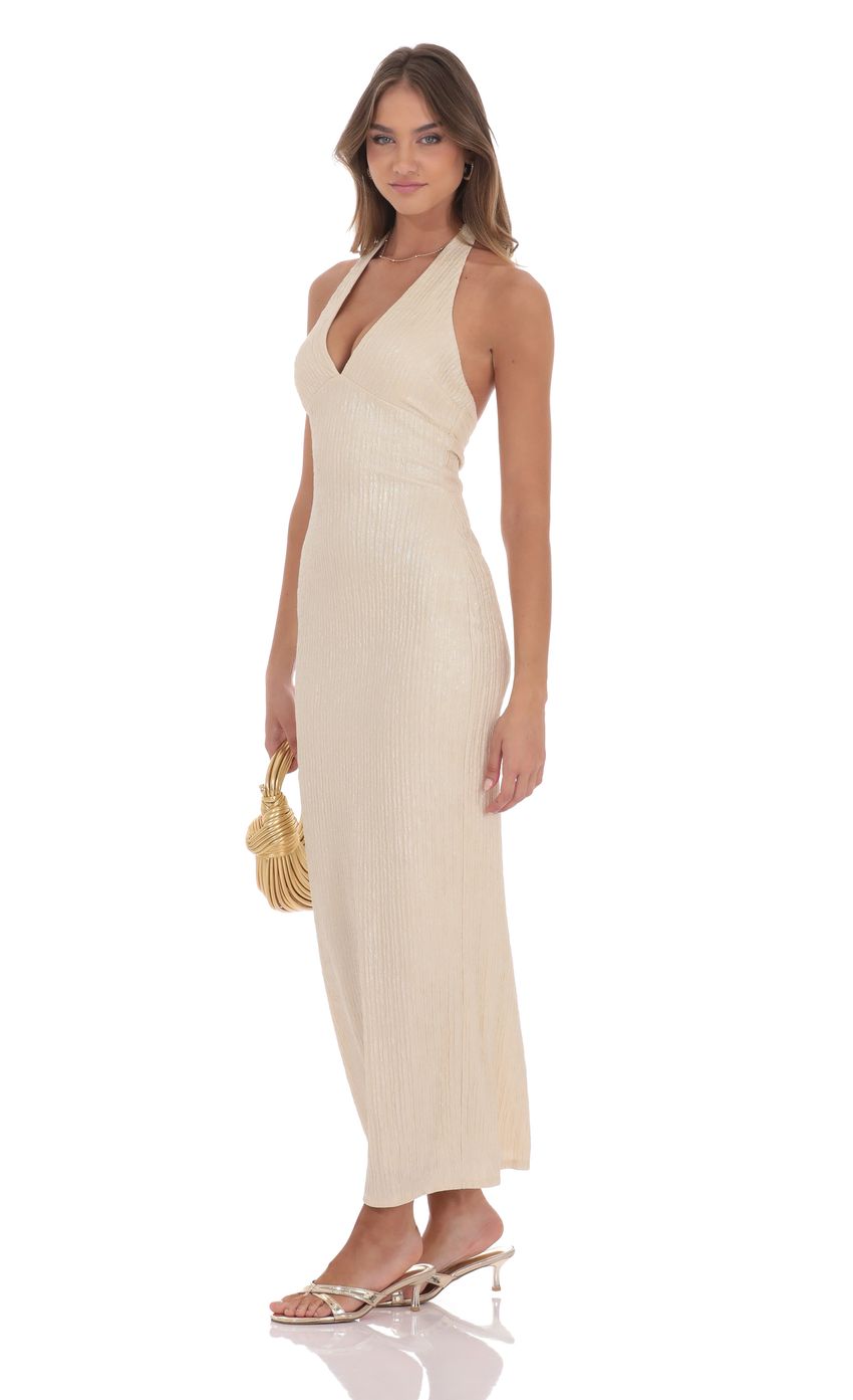 Crinkle Shimmer V-Neck Maxi Dress in Champagne - luluinthesky