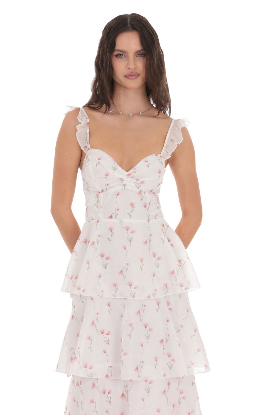 Floral Ruffle Maxi Dress in White - luluinthesky