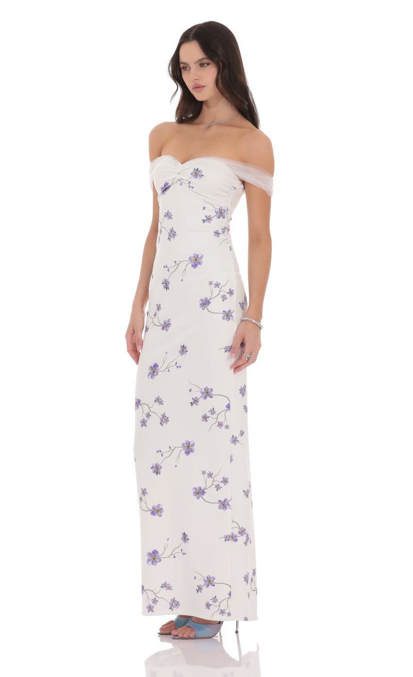 Tulle Off Shoulder Floral Maxi Dress in White - luluinthesky