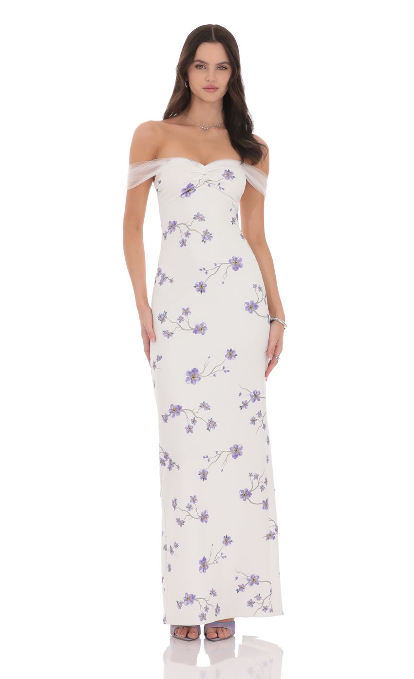 Tulle Off Shoulder Floral Maxi Dress in White - luluinthesky