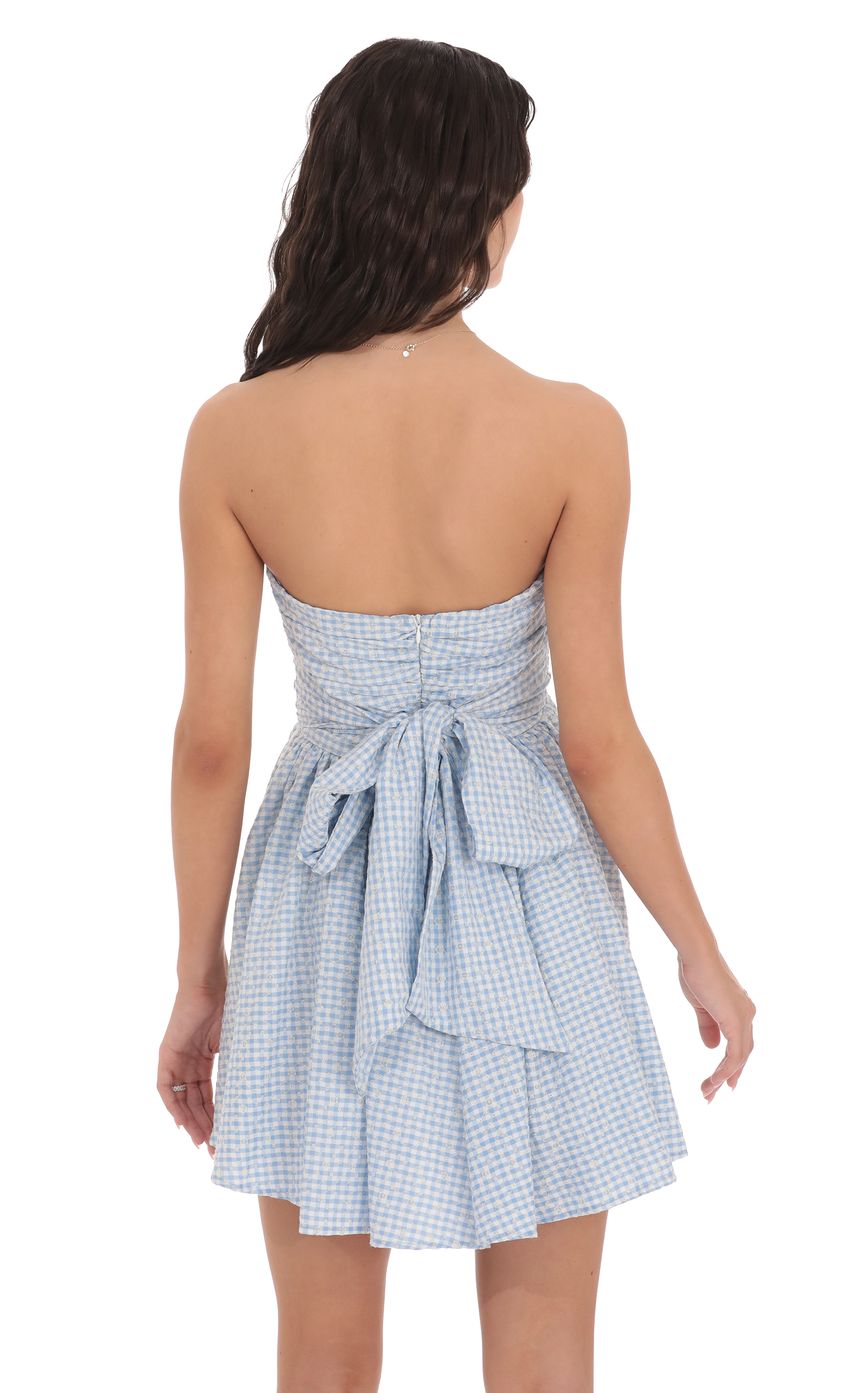 Floral Strapless A-line Dress in Gingham Blue - luluinthesky