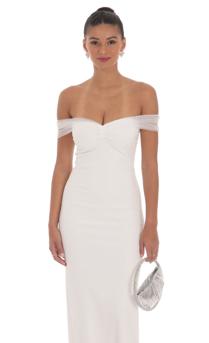 Tulle Off Shoulder Sleeve Maxi Dress in White - luluinthesky