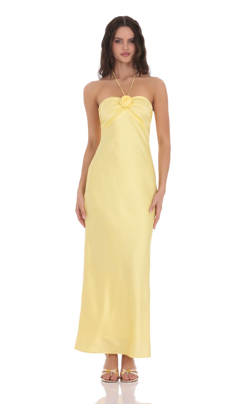 Satin Halter Flower Maxi Dress in Yellow - luluinthesky