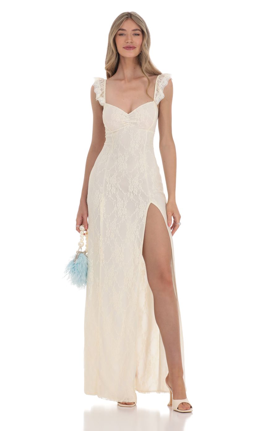 Lace Ruffle Sleeve Maxi Dress in Cream - luluinthesky