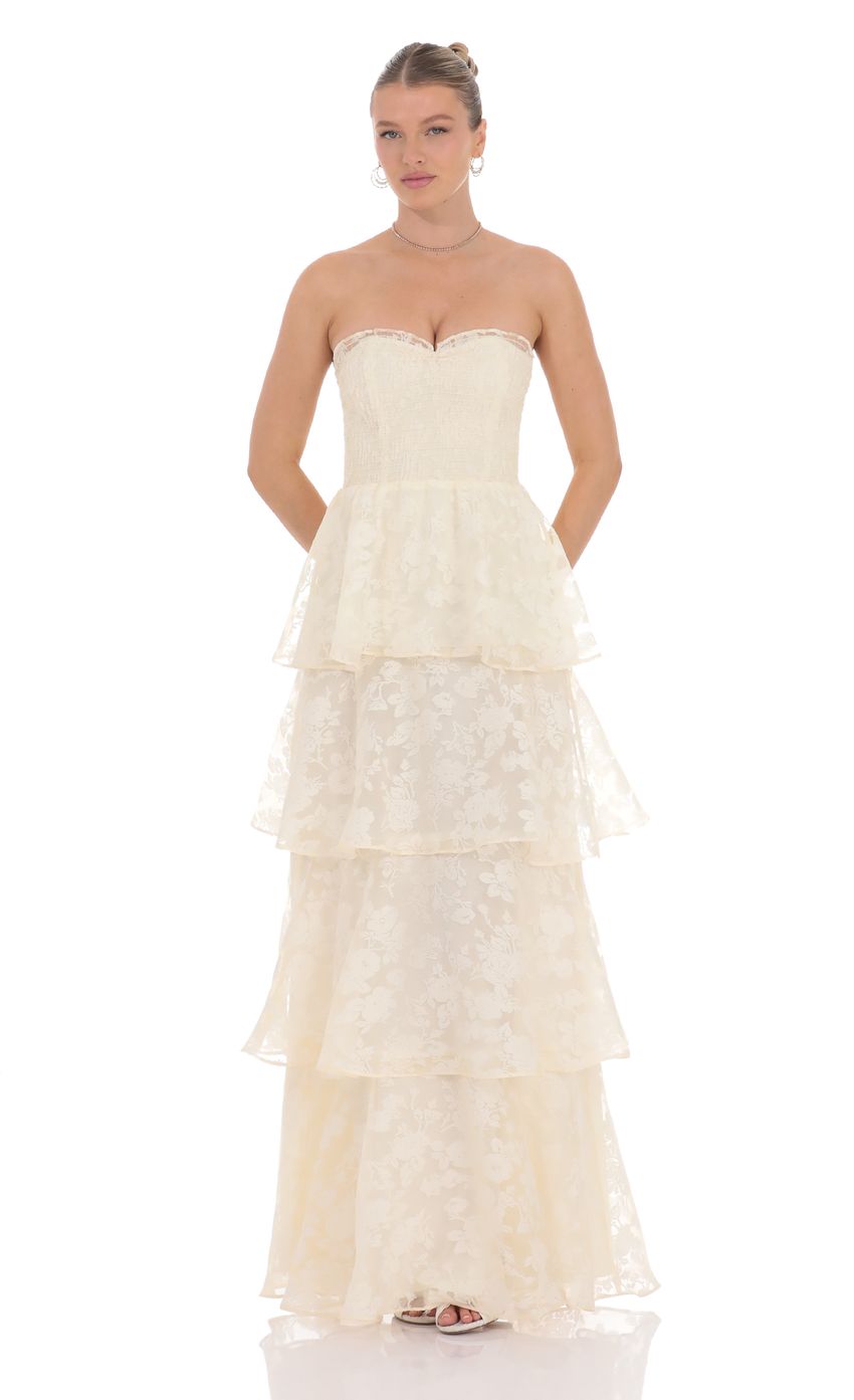 Floral Smocked Ruffle Maxi Dress in Cream - luluinthesky