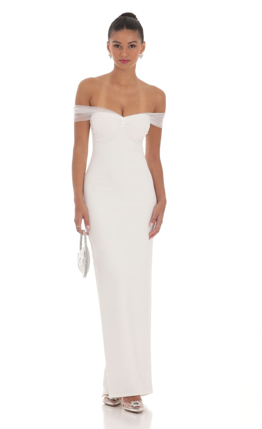 Tulle Off Shoulder Sleeve Maxi Dress in White - luluinthesky