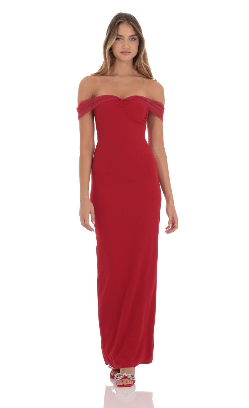 Tulle Off Shoulder Sleeve Maxi Dress in Red - luluinthesky