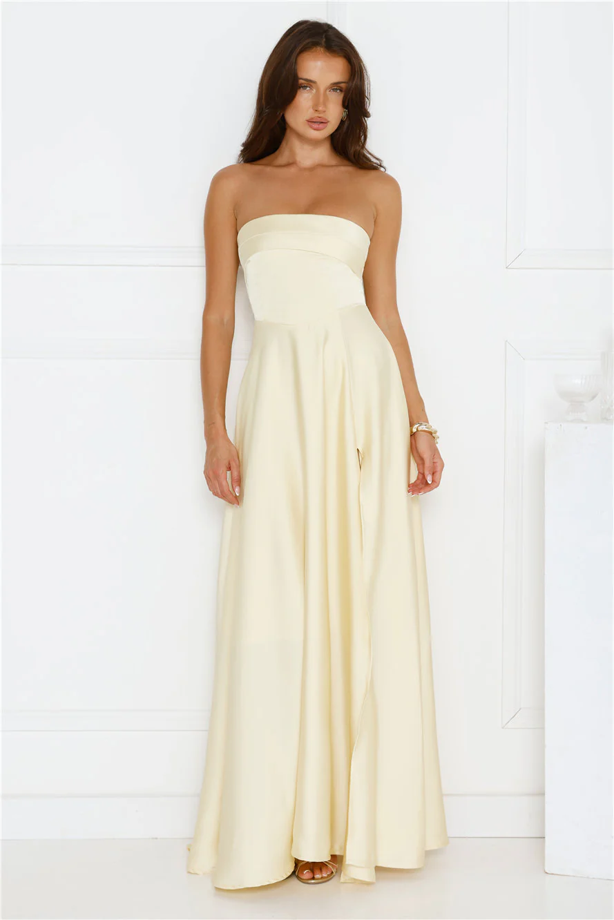 Unspoken Wishes Strapless Satin Maxi Dress Yellow - luluinthesky
