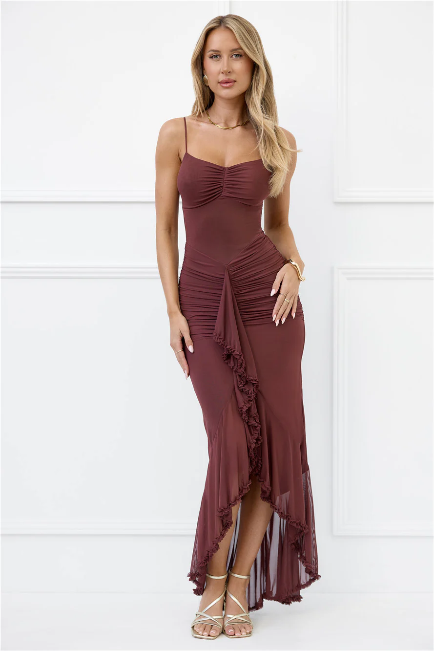 Shimmer In The Dark Mesh Maxi Dress Brown - luluinthesky
