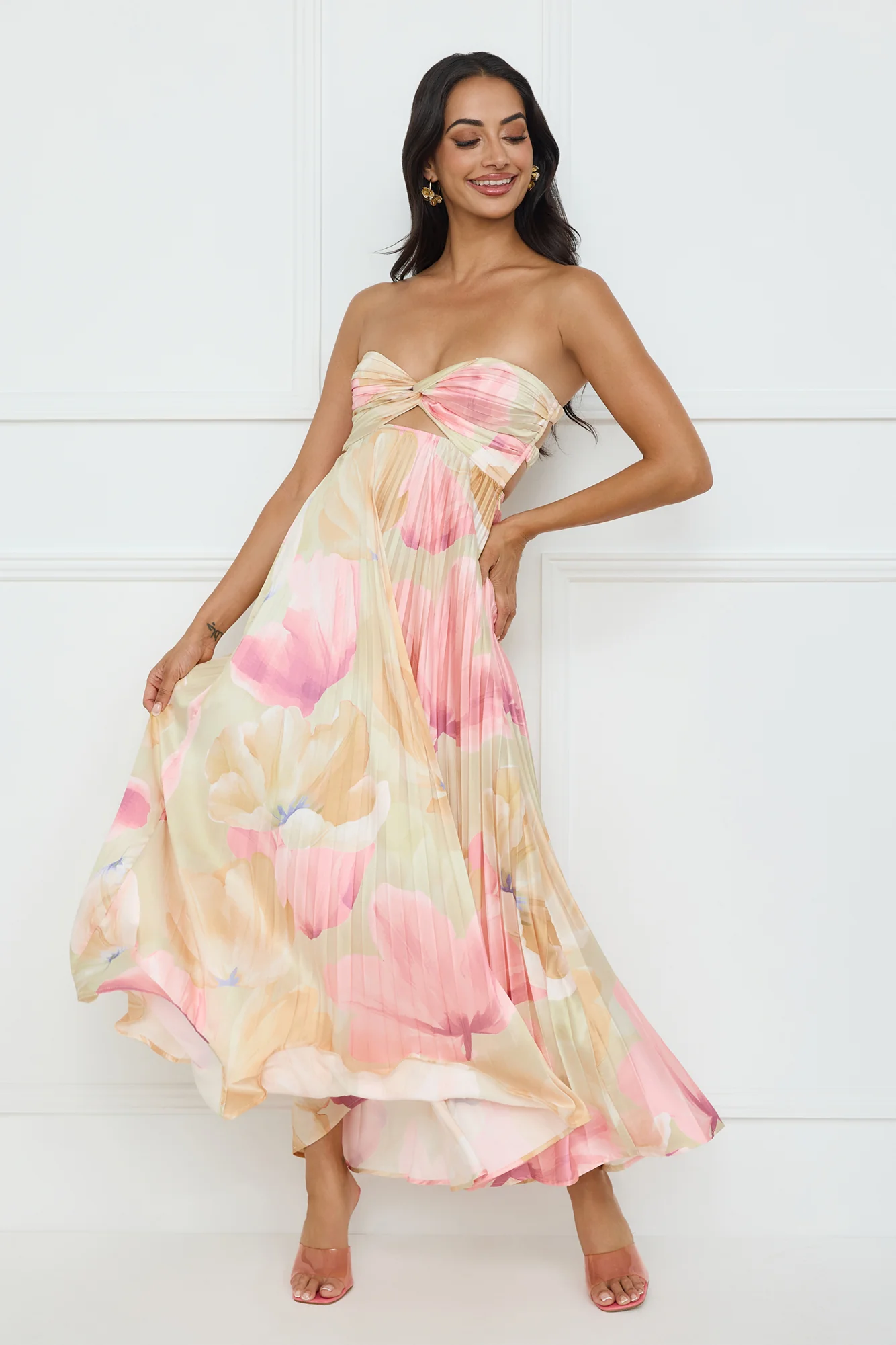 Sea Goddess Strapless Satin Maxi Dress Print - luluinthesky
