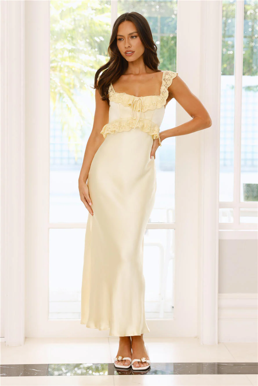 Waltzing In Romance Satin Maxi Dress Yellow - luluinthesky