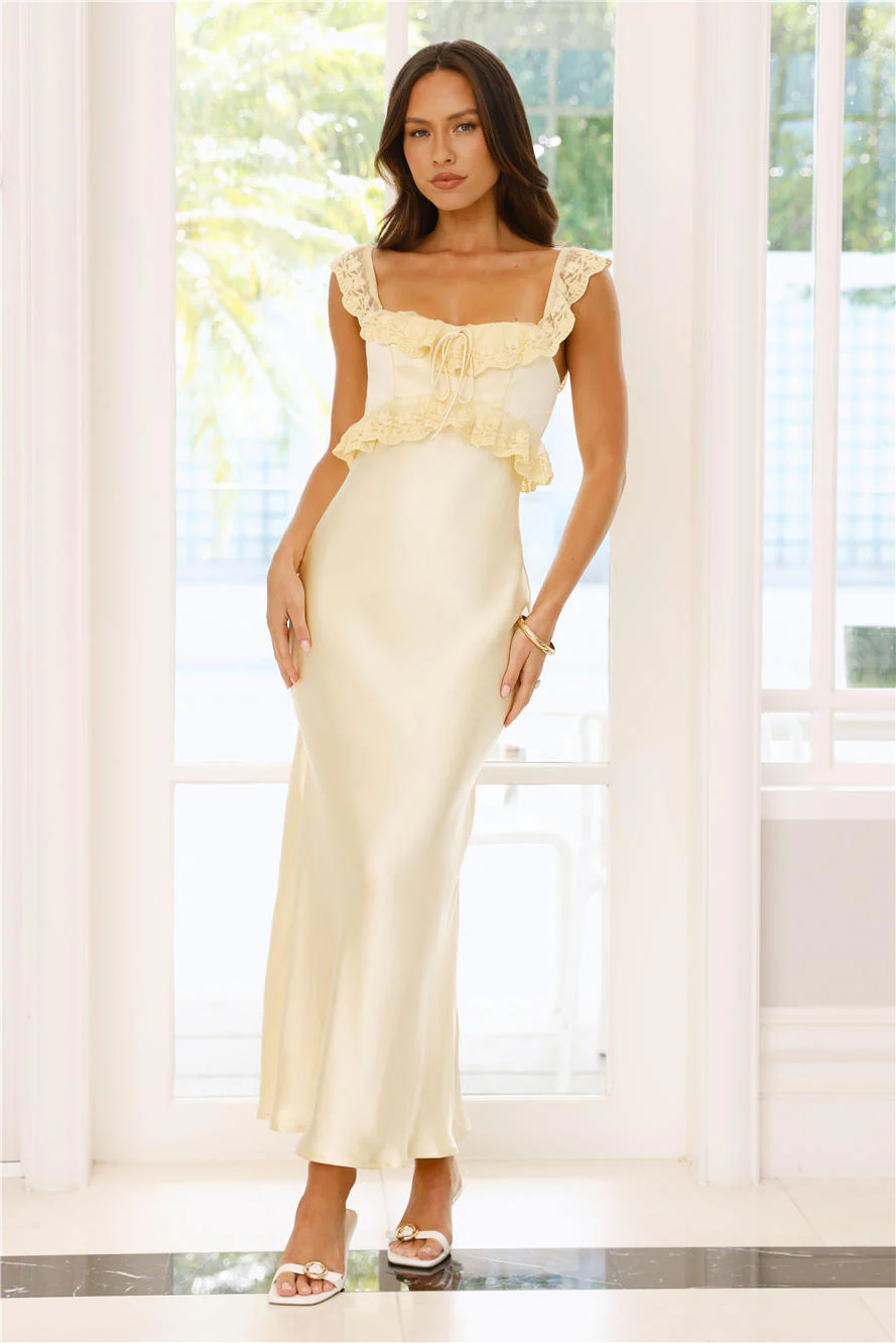 Waltzing In Romance Satin Maxi Dress Yellow - luluinthesky
