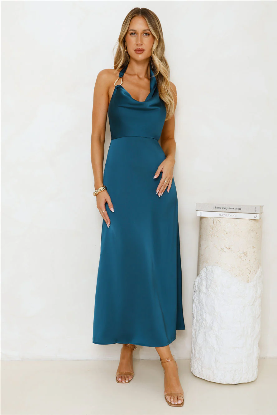 Night's Allure Satin Halter Maxi Dress Teal - luluinthesky