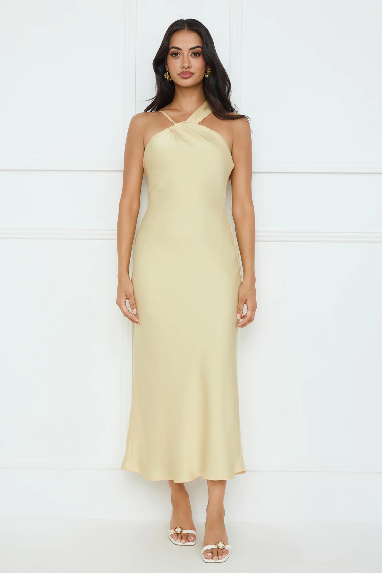 Whispering Palms Satin Midi Dress Yellow - luluinthesky