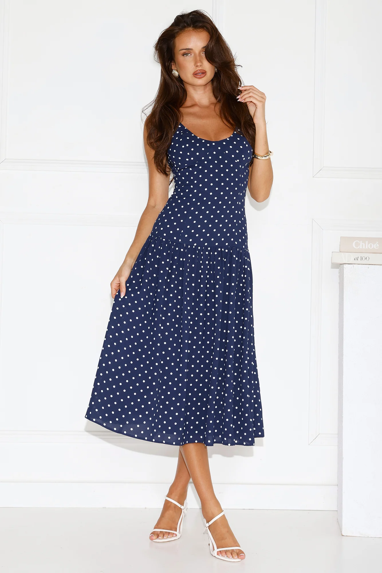Polka Dot Charm Midi Dress Navy - luluinthesky