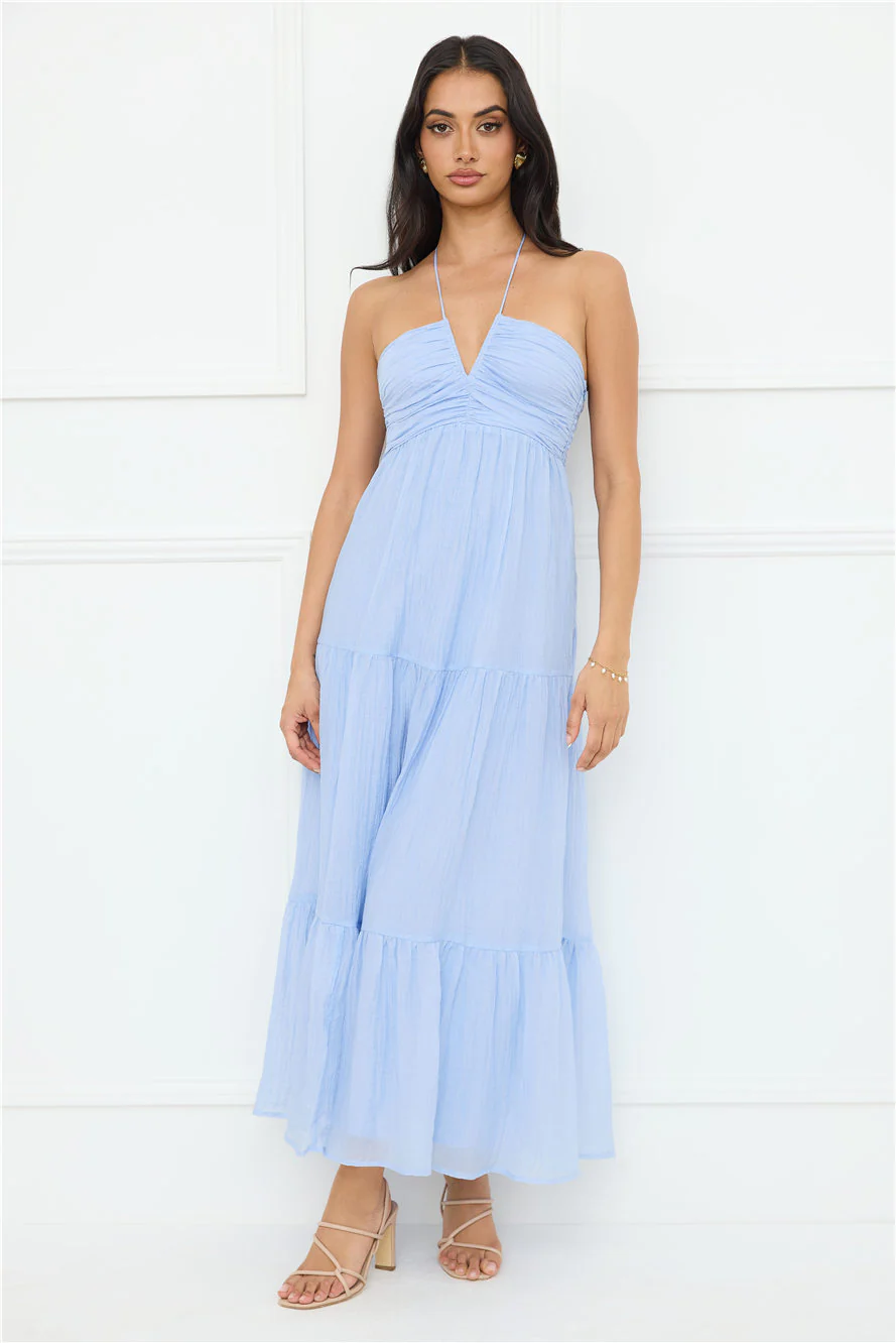 Sunshine Escape Halter Maxi Dress Blue - luluinthesky