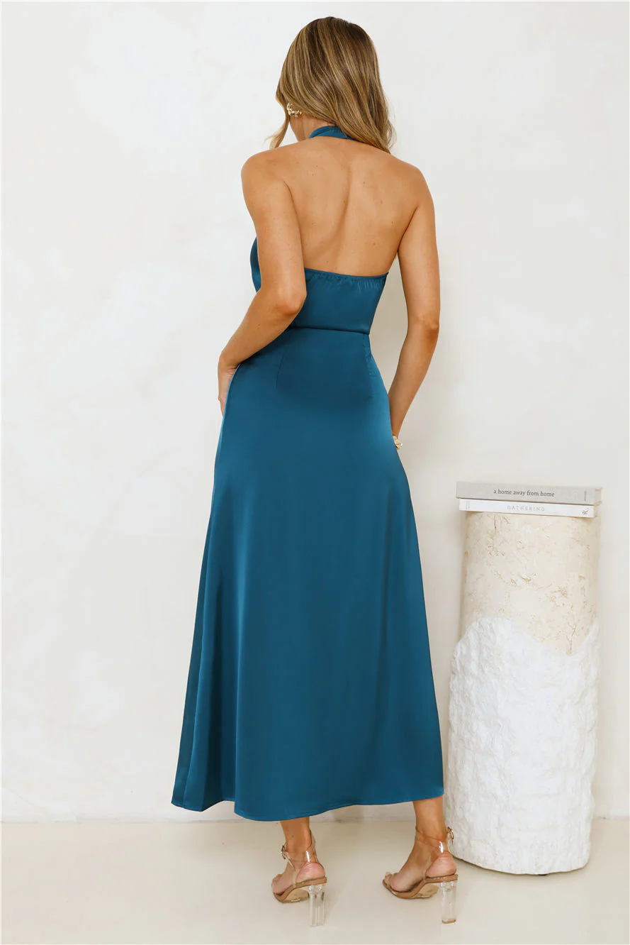 Night's Allure Satin Halter Maxi Dress Teal - luluinthesky