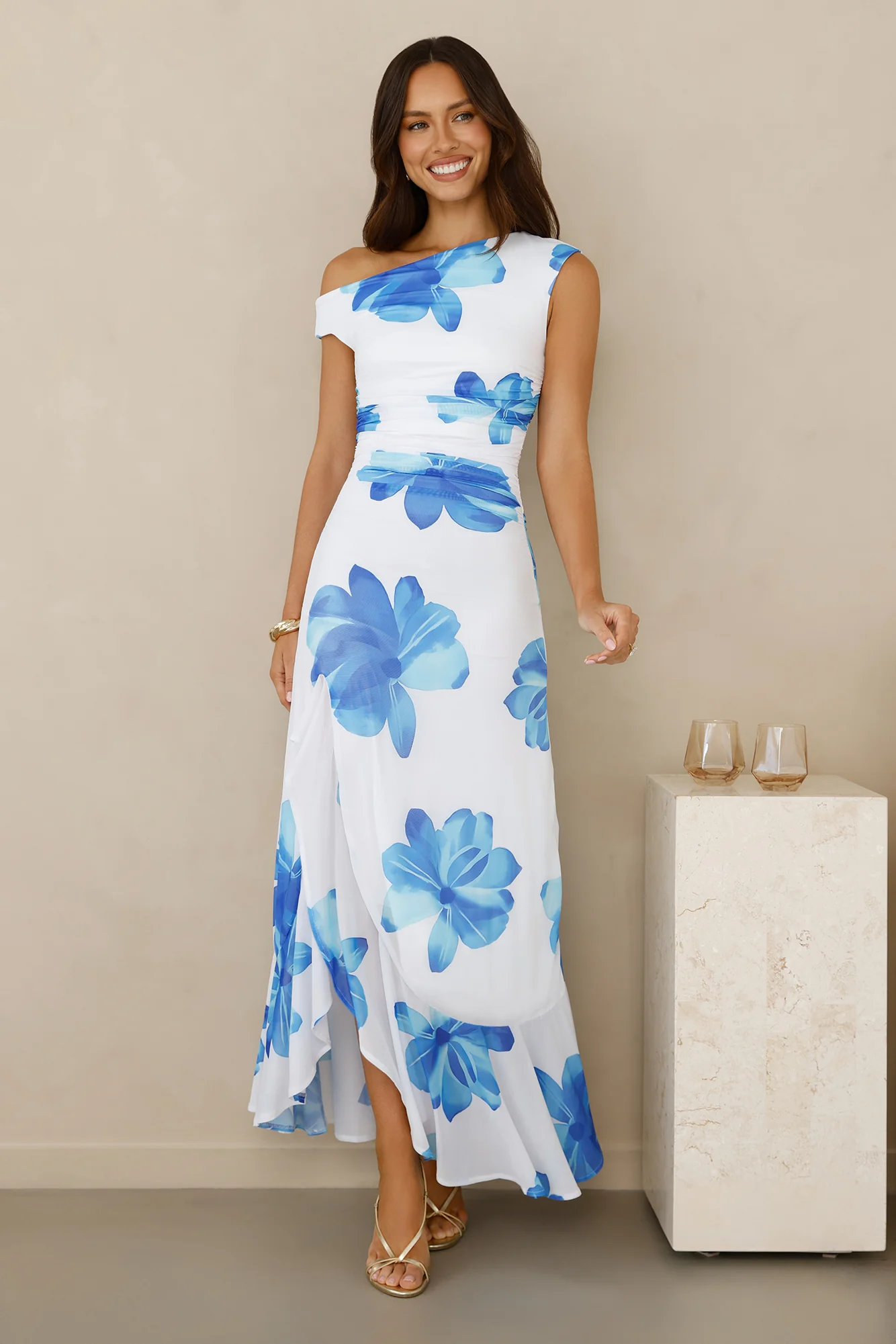 Masquerade Muse One Shoulder Mesh Maxi Dress Blue - luluinthesky