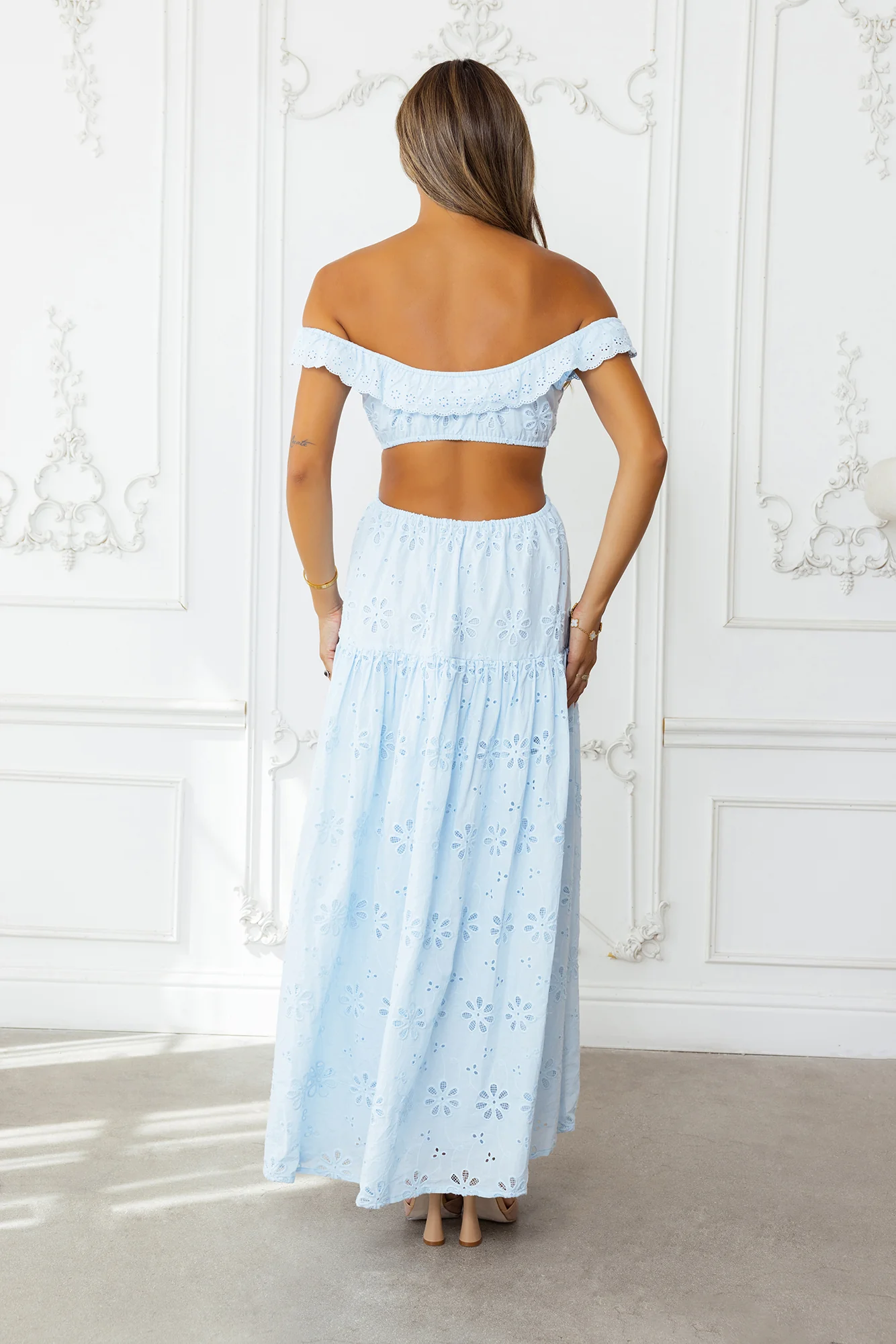 Secrets You Keep Off Shoulder Embroidered Maxi Dress Blue - luluinthesky
