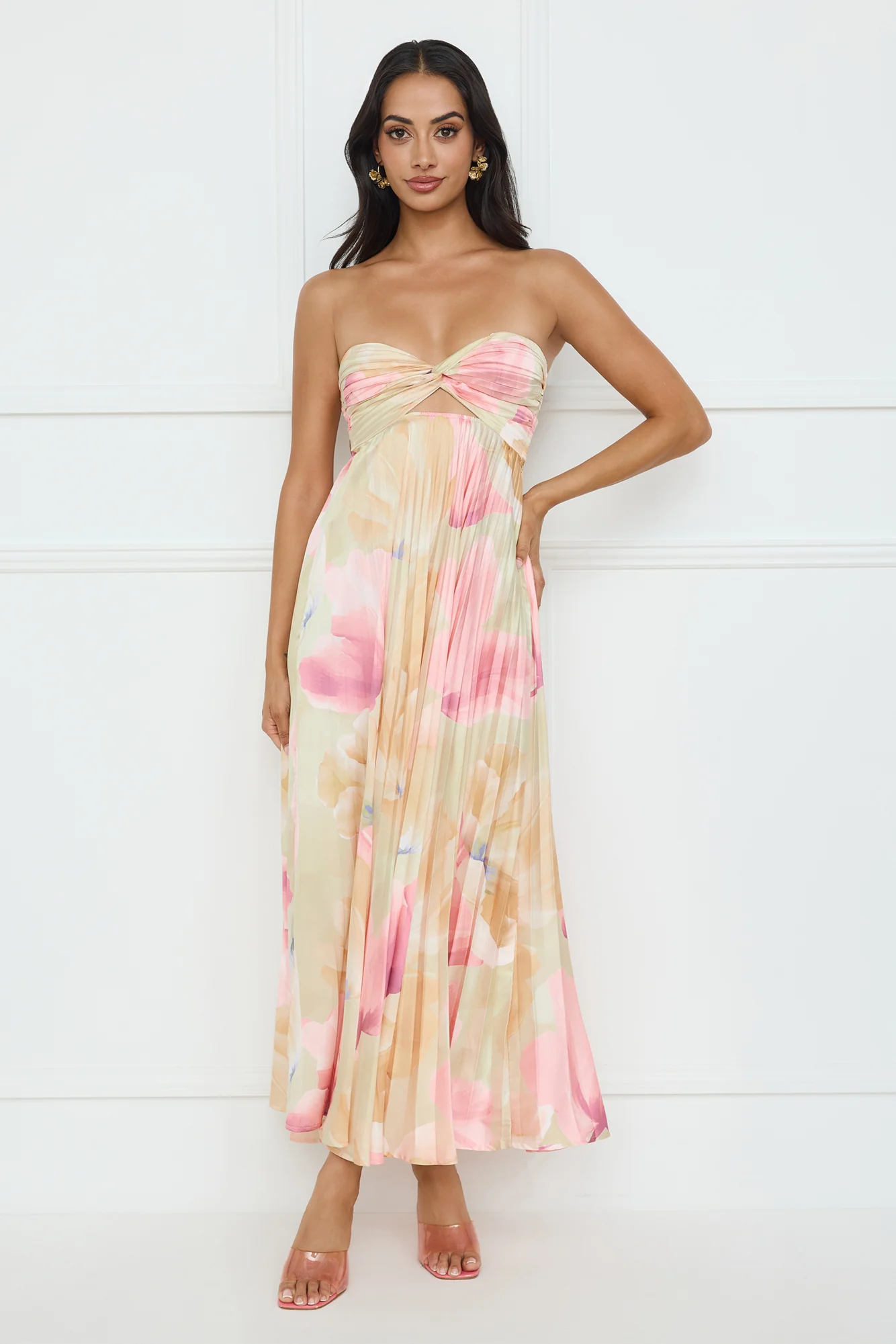 Sea Goddess Strapless Satin Maxi Dress Print - luluinthesky