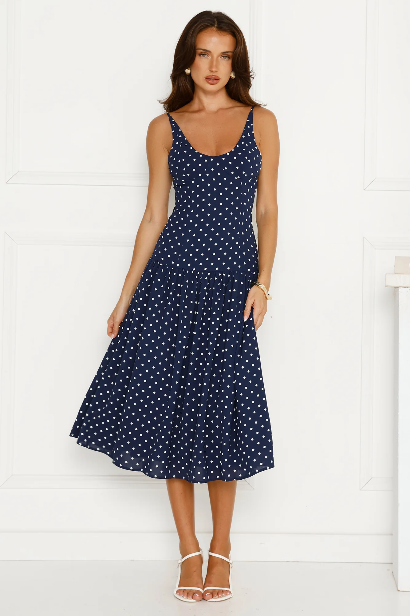 Polka Dot Charm Midi Dress Navy - luluinthesky